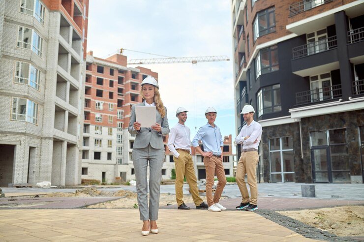 Broker presenting four types of multifamily housing structures in front of a building.