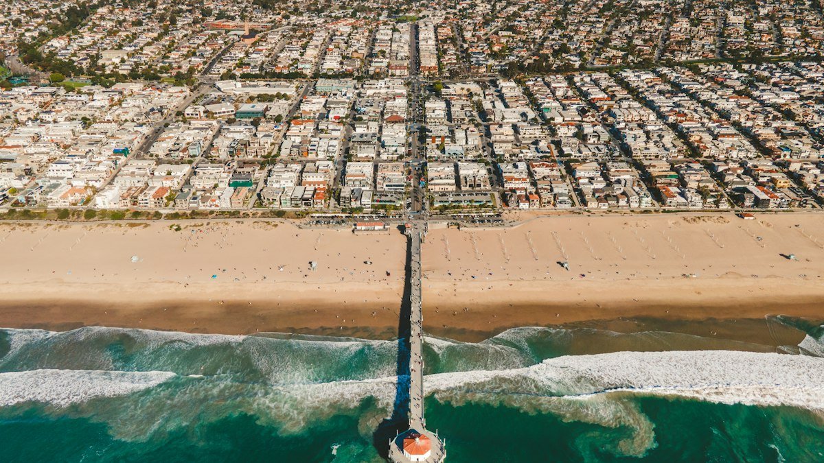 Aerial view of Manhattan Beach pier and South Bay neighborhoods